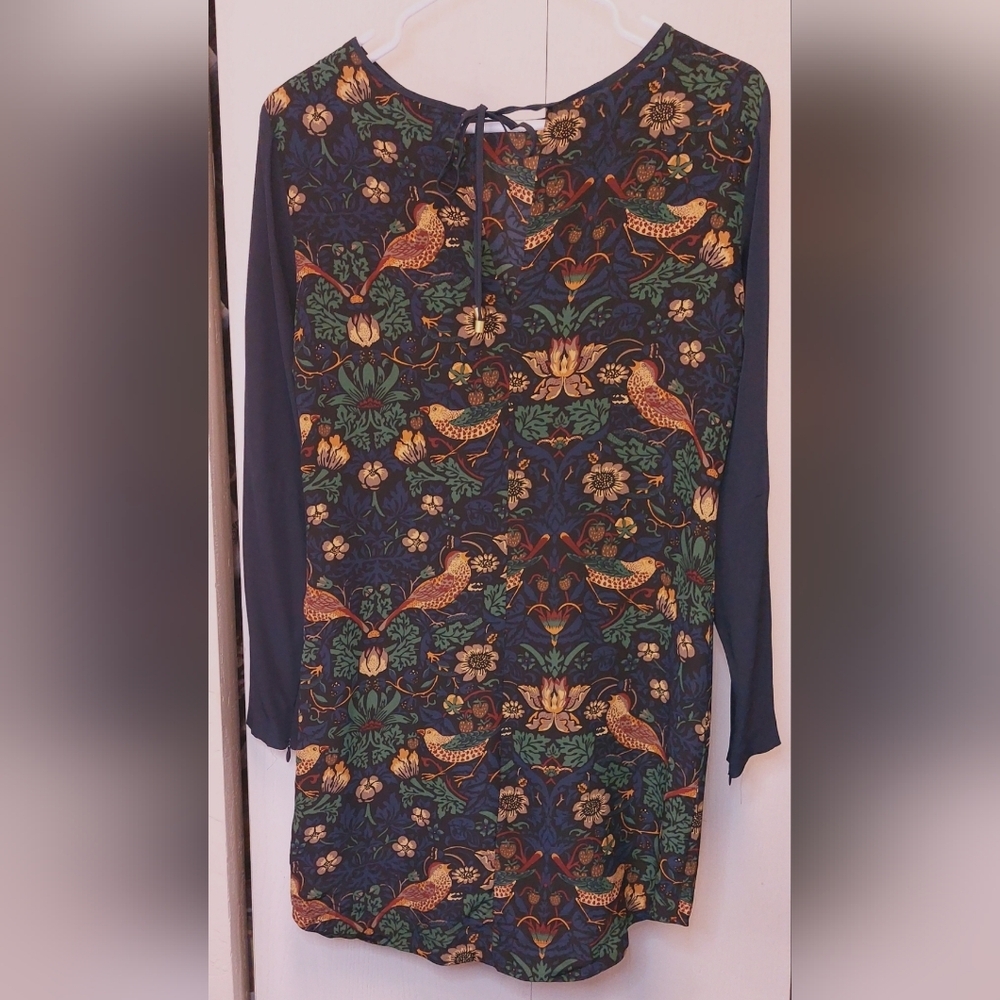 Club Monaco Navy Micaila Dress with Bird and Floral Print Size 00 Sheath Silk - Picture 4 of 11